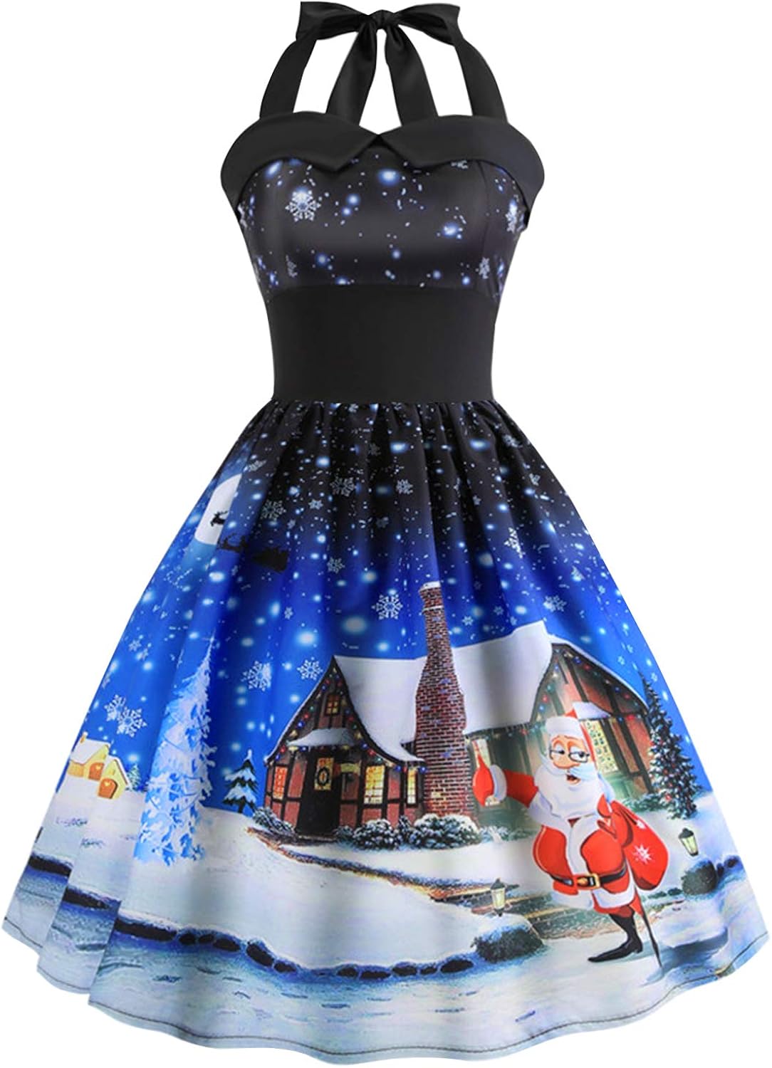 圣诞礼服女式复古吊带连衣裙 a 字裙 20 世纪 50 年代圣诞老人猫鸡尾